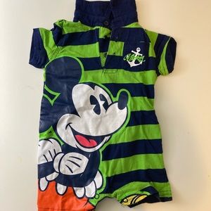 Disney Green & Blue Striped Mickey Collared Romper 3mo